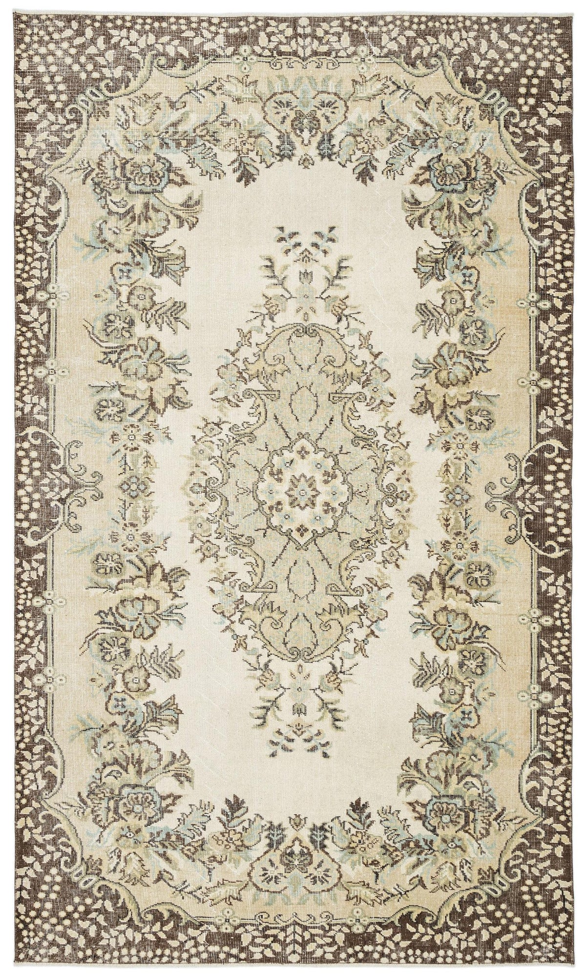 Cream and brown traditional rug with a central floral medallion and ornate border on a white background.