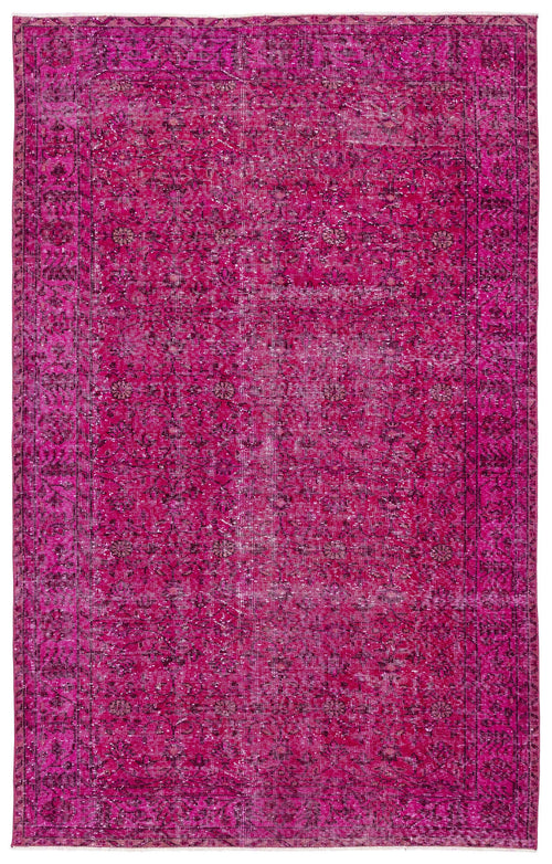 Load image 1 in gallery view. Fuchsia distressed area rug with a traditional Persian-style floral medallion pattern and a decorative border.
