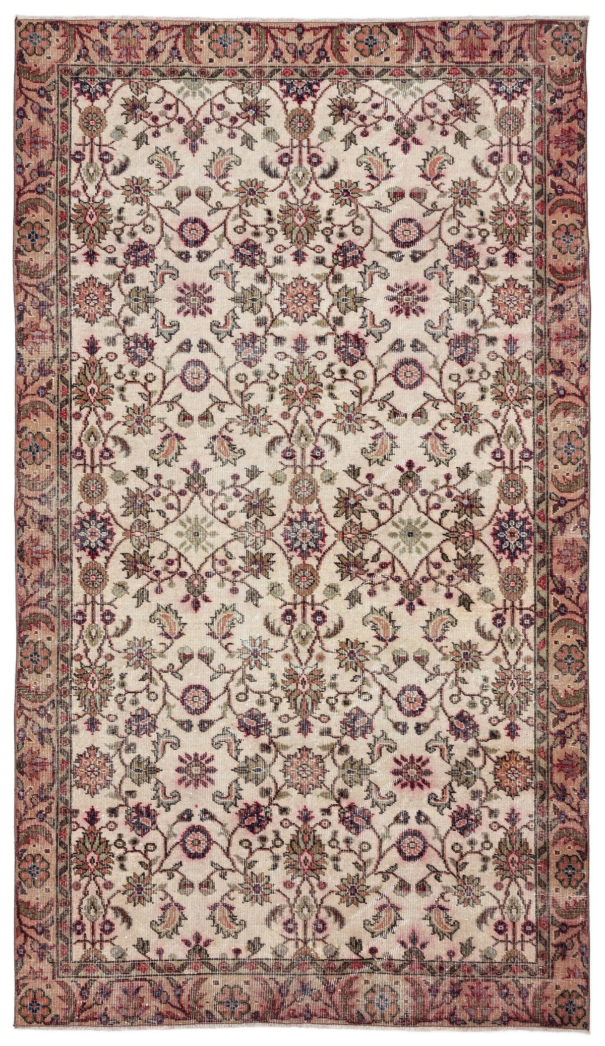 Beige traditional rug with a repeating floral vine pattern in muted red, green, and blue, featuring a decorative border.