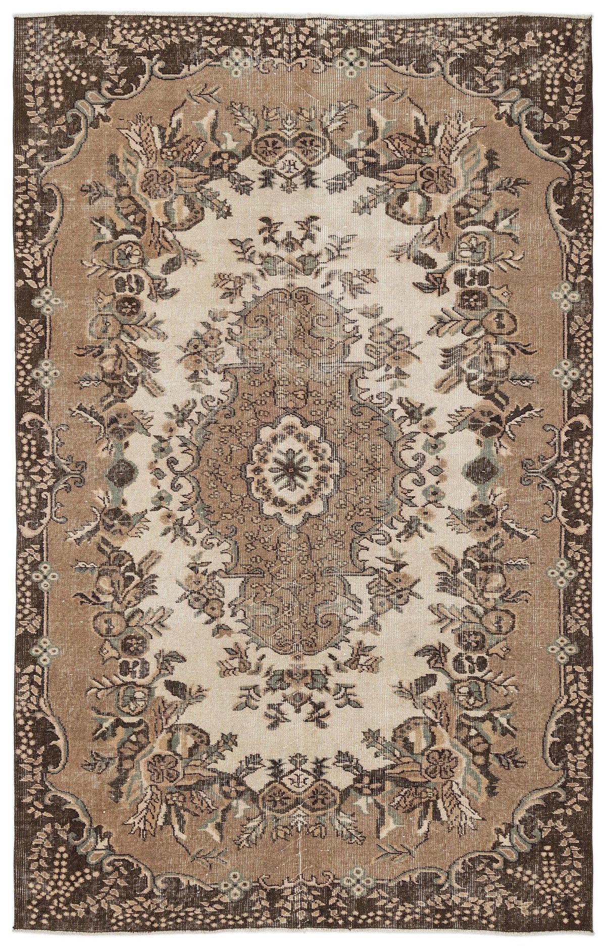 Brown and cream vintage-style rug with a central floral medallion and ornate botanical border.