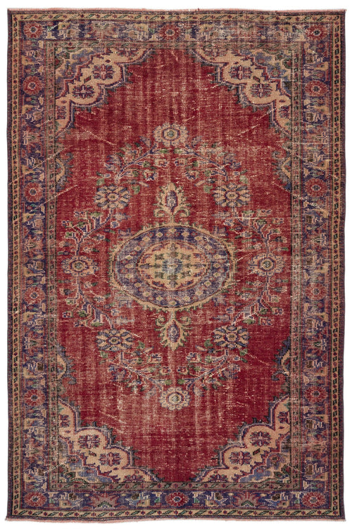 Load image 1 in gallery view. Distressed red traditional rug with a central blue and beige floral medallion and ornate border.