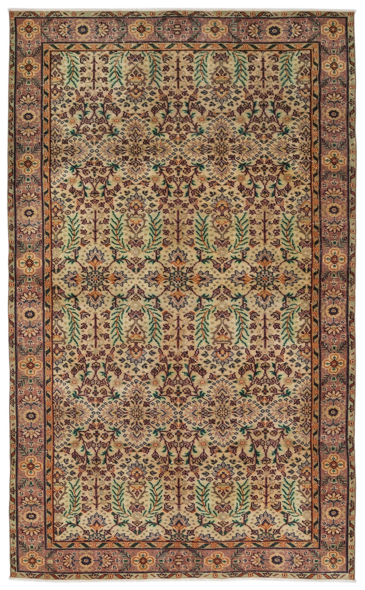Beige traditional rug with a repeating floral medallion pattern in muted tones of green, rust, and purple.