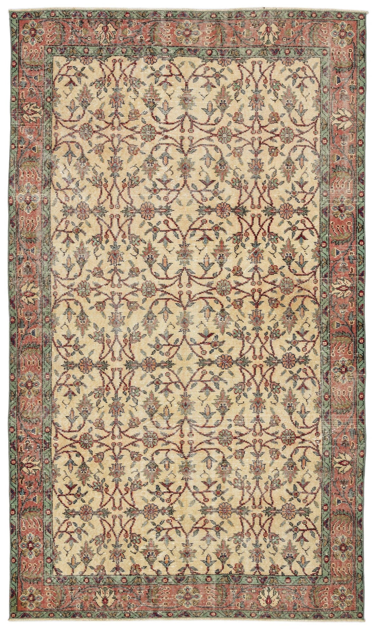 Beige traditional rug with a repeating floral vine pattern and a multi-colored border in red, green, and blue.
