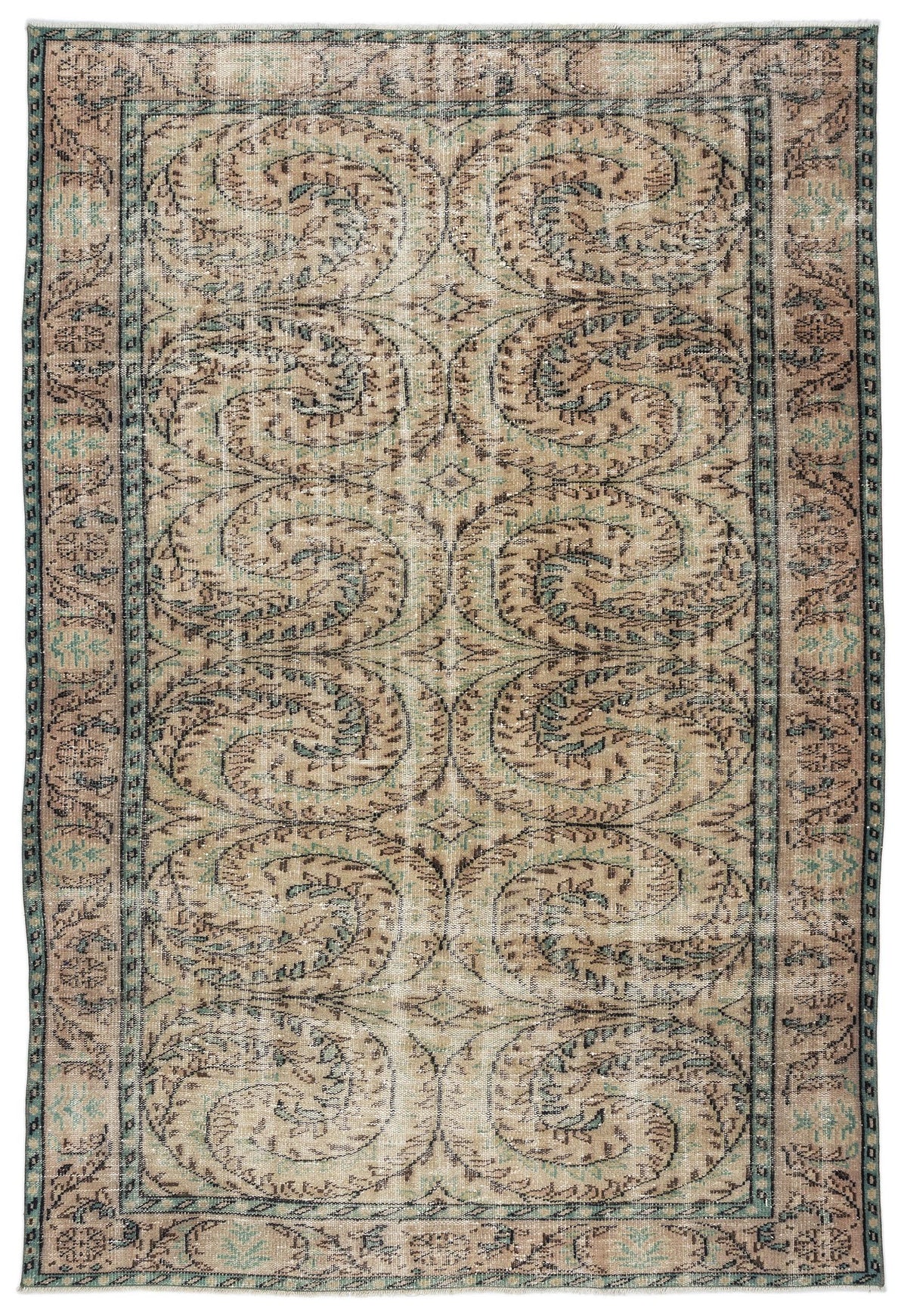 Distressed beige and teal rug with a repeating scrollwork pattern and a decorative border on a white background.