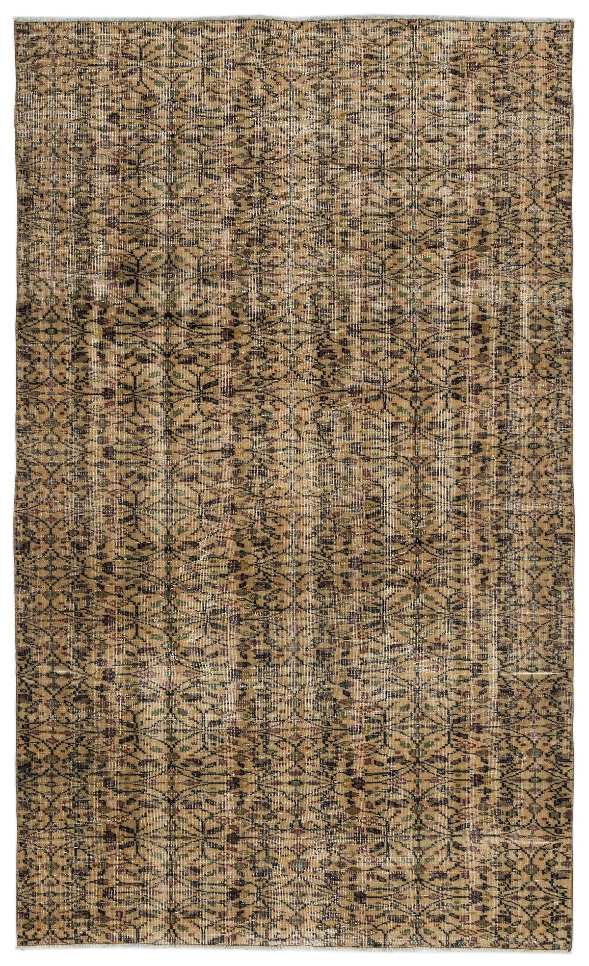 Tan and brown vintage-style rug with a repeating dark geometric floral lattice pattern and a distressed finish.