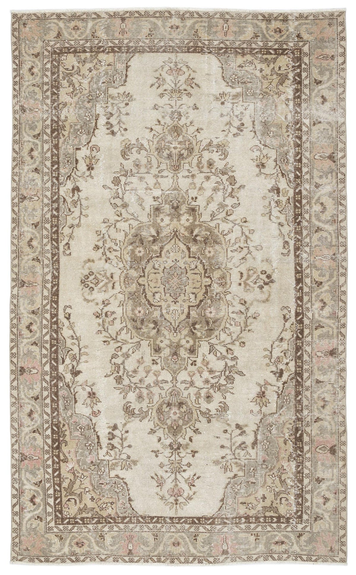 Beige and brown traditional rug with a distressed floral medallion pattern and a decorative border.
