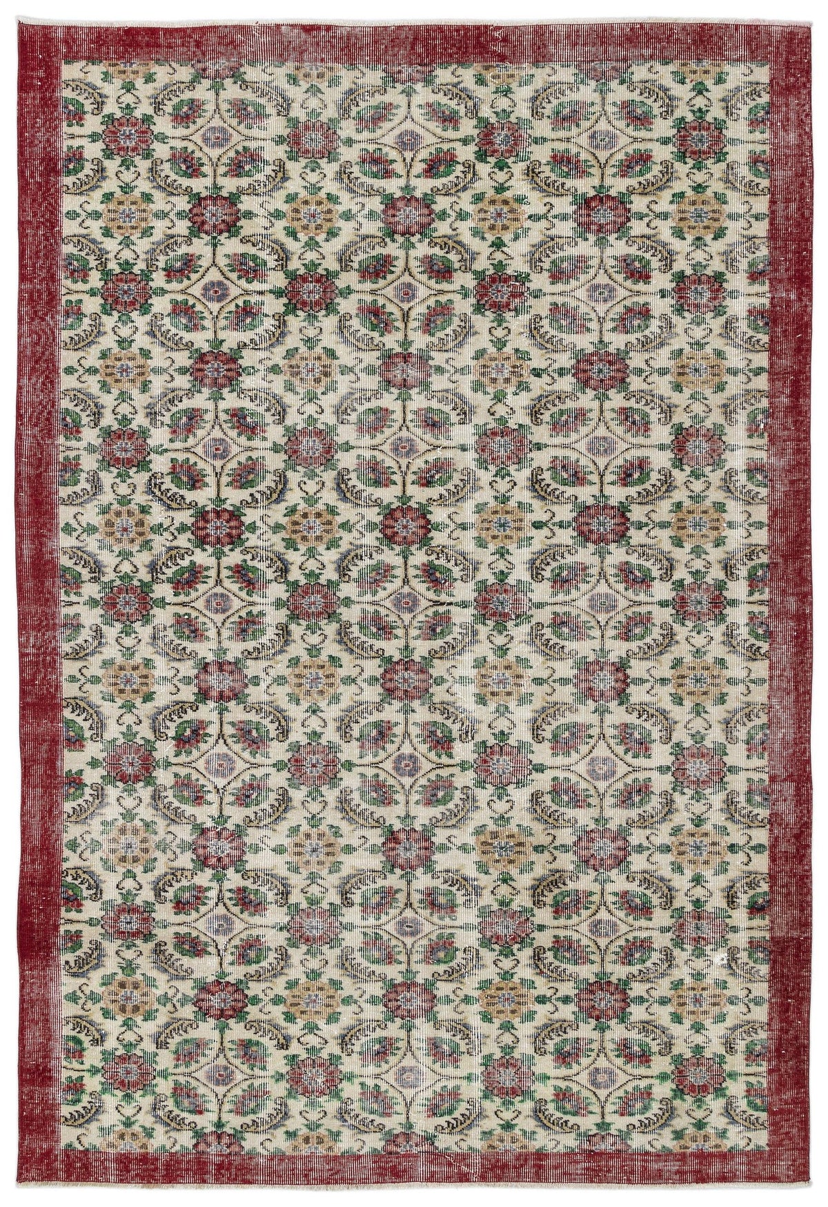 Cream rug with a red border and a repeating floral medallion pattern in red, green, and gold.