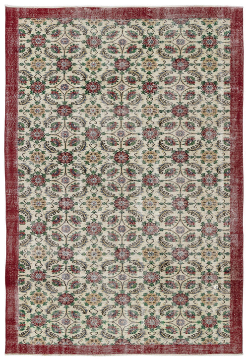 Load image 1 in gallery view. Cream rug with a red border and a repeating floral medallion pattern in red, green, and gold.