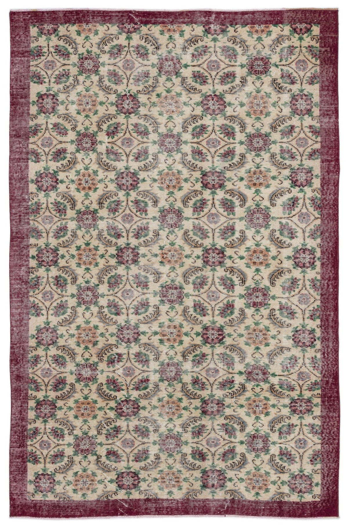 Beige rug with a repeating floral medallion pattern in burgundy, green, and tan, framed by a solid burgundy border.