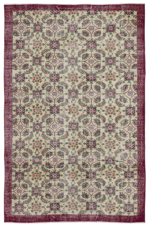 Load image 1 in gallery view. Beige rug with a repeating floral medallion pattern in burgundy, green, and tan, framed by a solid burgundy border.