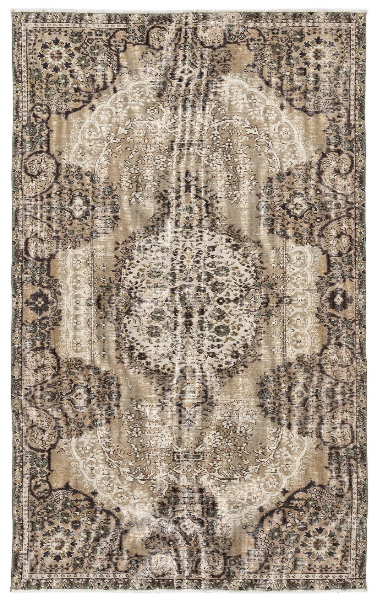 Tan and charcoal traditional rug with a distressed central medallion and ornate floral border on a white background.