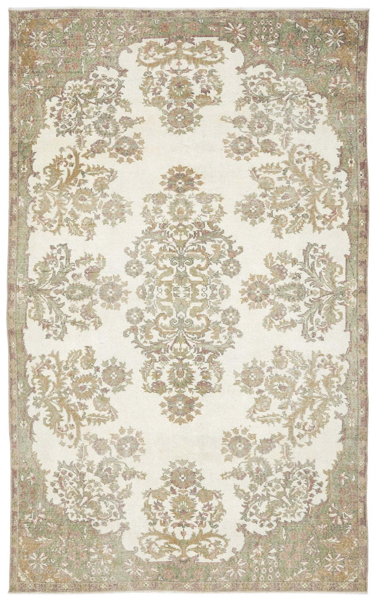 The Bofaya Vintage Medallion Rug (6'4" x 10'2") features a faded floral and vine pattern in cream, beige, and olive green with a central medallion and ornate border for timeless style.