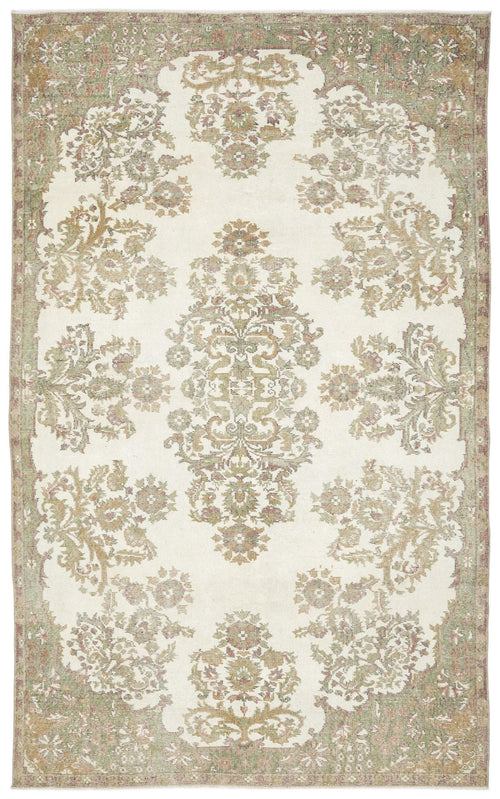 Load image 1 in gallery view. The Bofaya Vintage Medallion Rug (6'4" x 10'2") features a faded floral and vine pattern in cream, beige, and olive green with a central medallion and ornate border for timeless style.