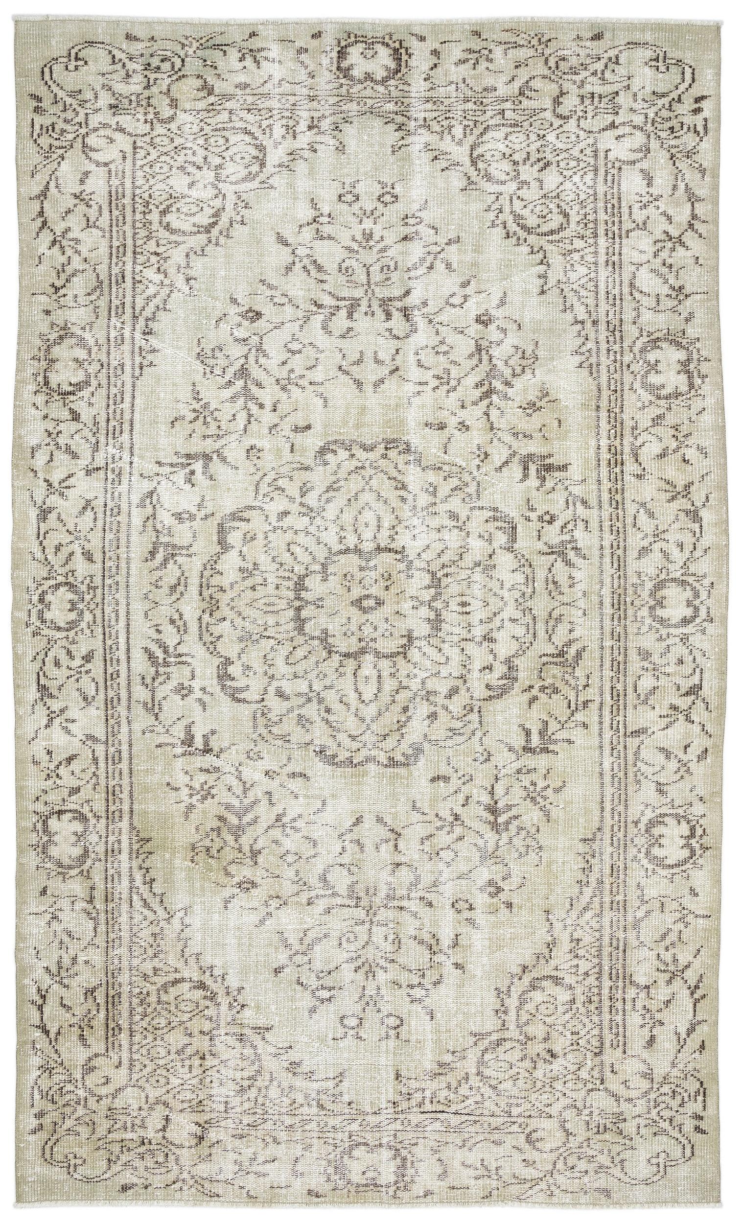 Beige and taupe vintage-style rug with a central floral medallion and ornate border on a white background.