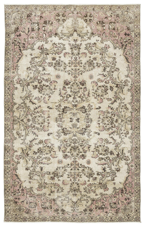 Load image 1 in gallery view. Distressed beige and dusty pink traditional rug with a central floral medallion and ornate border.