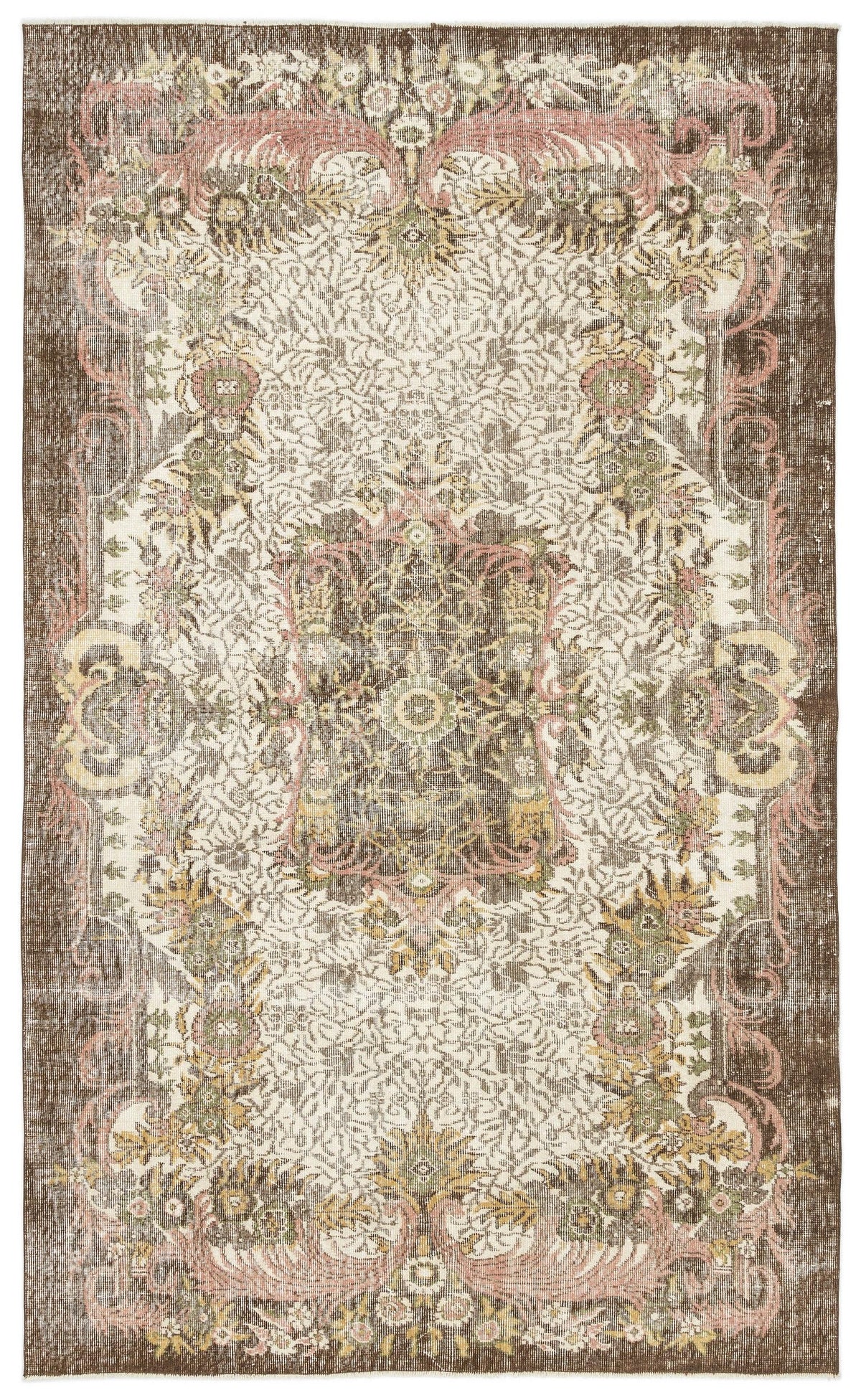 Brown, cream, and muted pink traditional rug with a central floral medallion and intricate botanical border.