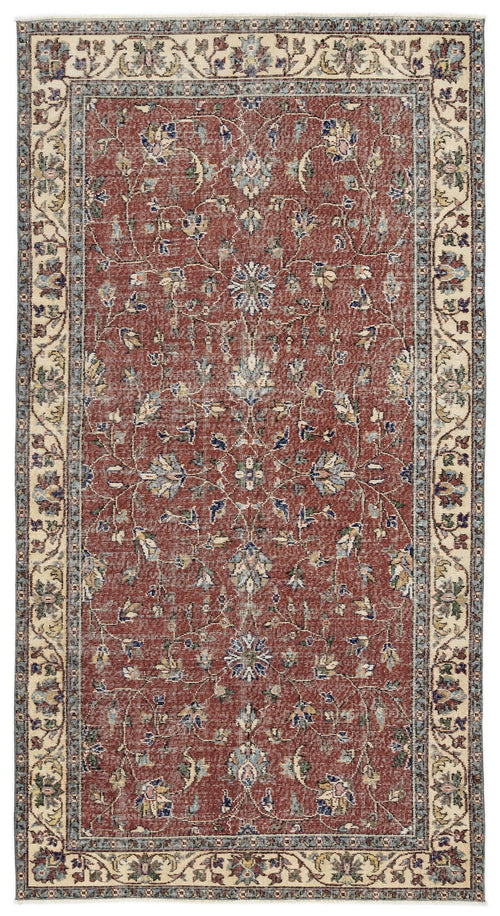 Load image 1 in gallery view. Rust-red traditional rug with a central floral vine pattern and a cream and blue decorative border.