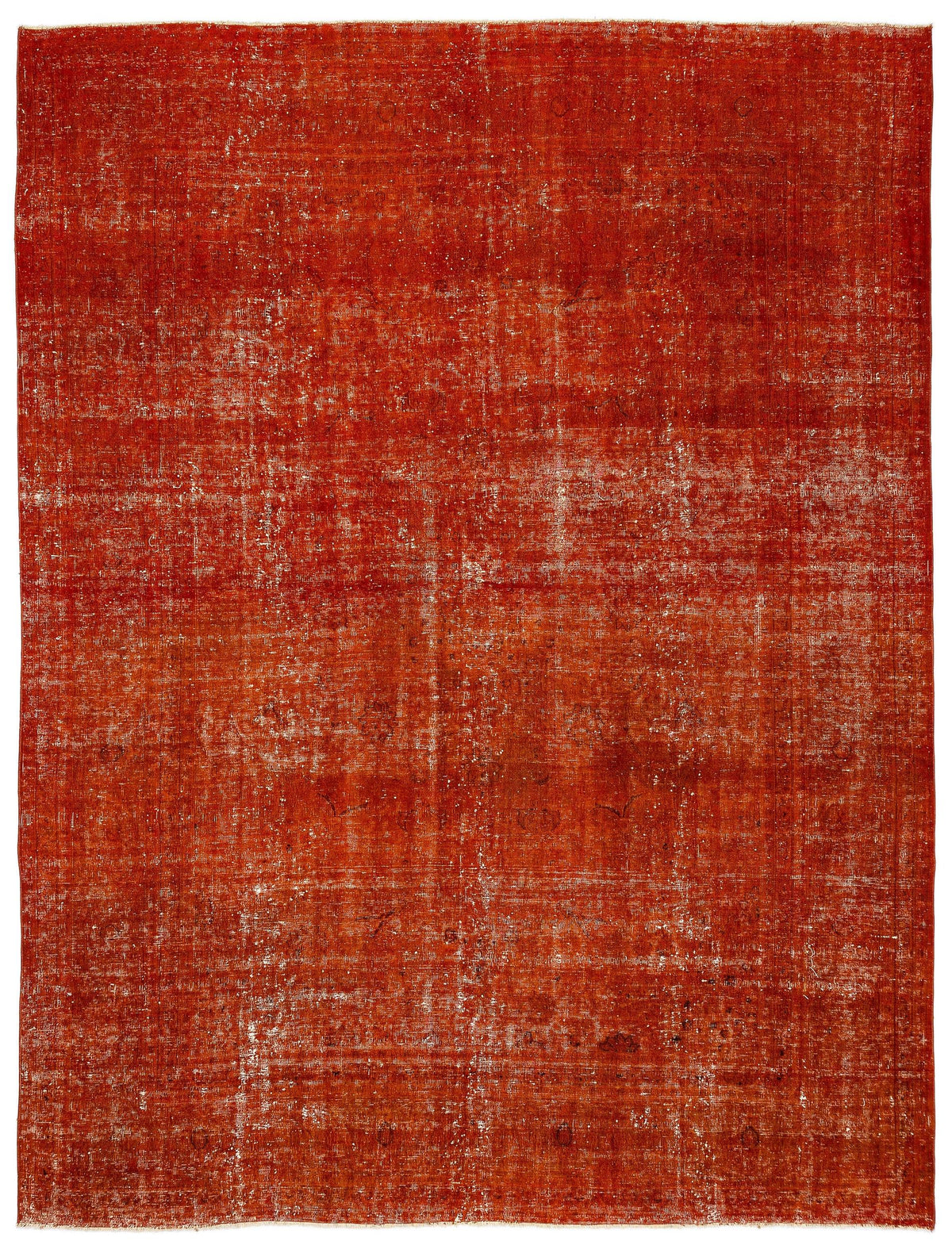 Solid rust-red vintage-style rug with a distressed, faded texture and subtle worn-in detailing.