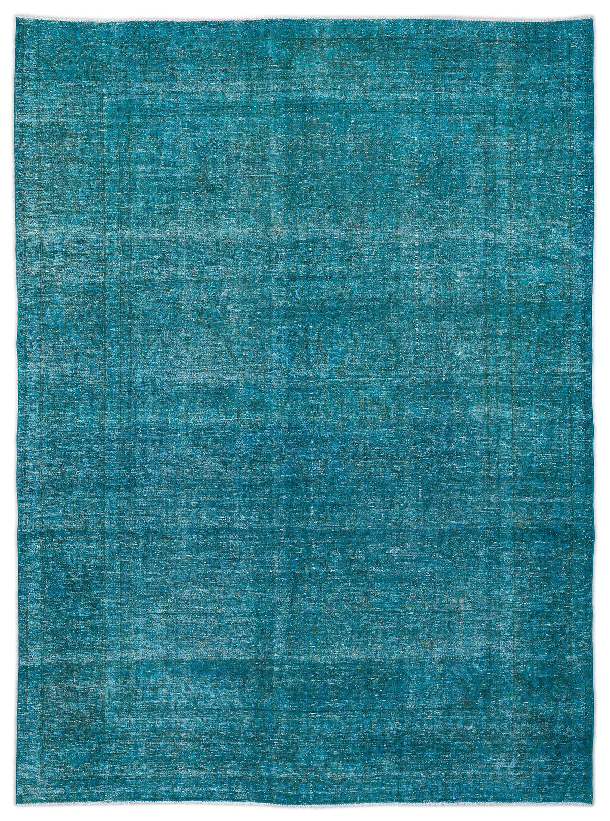 Teal distressed vintage-style rug with a faint rectangular border pattern on a white background.