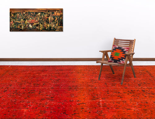 Load image 1 in gallery view. Distressed red rug with a subtle dark floral pattern, styled in a room with a wooden chair and wall art.