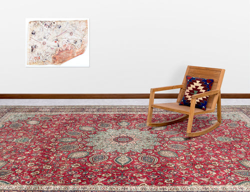 Load image 1 in gallery view. Red traditional Persian-style rug with a central medallion and floral motifs, styled in a room with a wooden rocking chair.