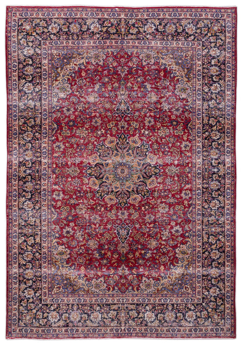 Load image 1 in gallery view. Red traditional Persian-style rug with a central floral medallion, intricate vine patterns, and a dark navy border.