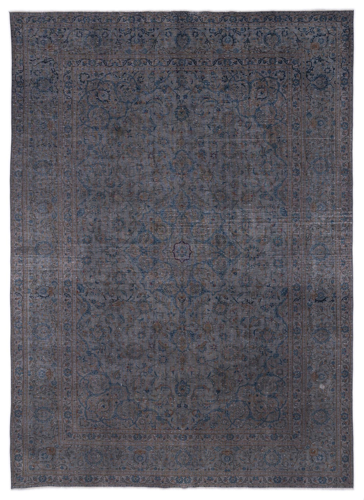 Dark grey and blue traditional rug with a distressed floral medallion pattern and a detailed border.
