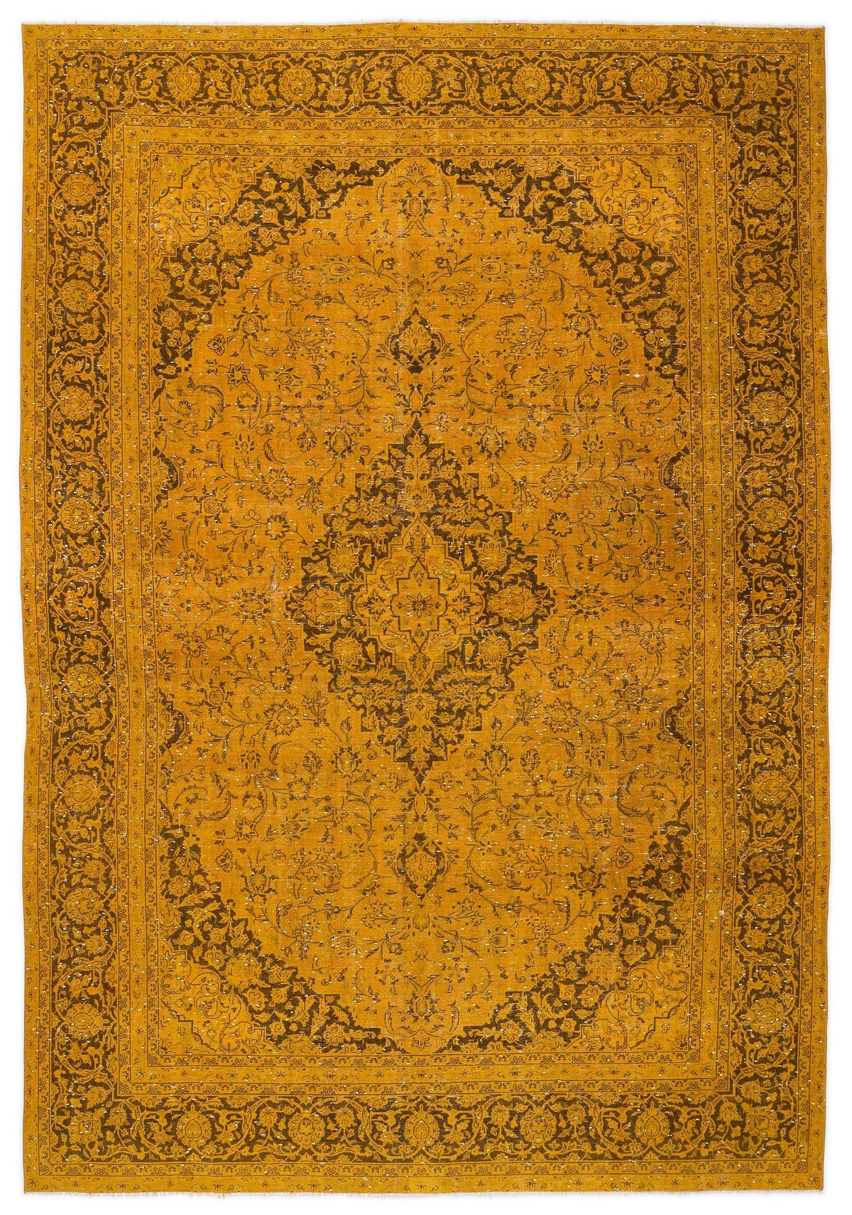 Mustard yellow and dark brown traditional rug with a central floral medallion and ornate border.