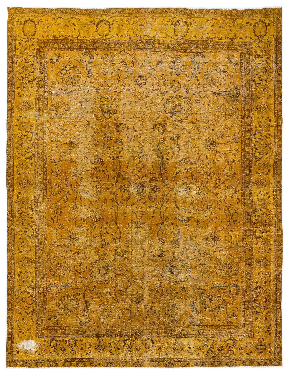 Mustard yellow vintage-style rug with a dark brown distressed floral medallion pattern and ornate border.
