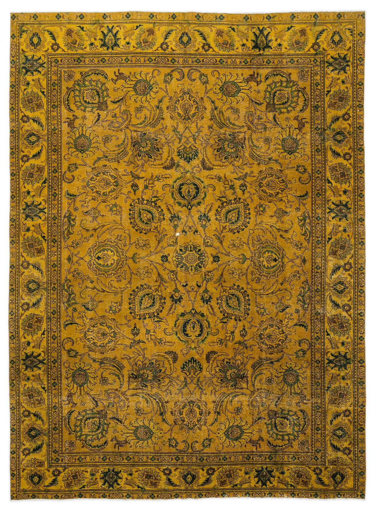 Mustard yellow traditional rug with a dark green and brown floral medallion pattern and an ornate decorative border.