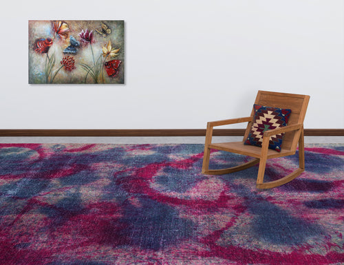 Load image 1 in gallery view. Magenta and navy blue abstract watercolor rug in a room with a wooden rocking chair and butterfly wall art.
