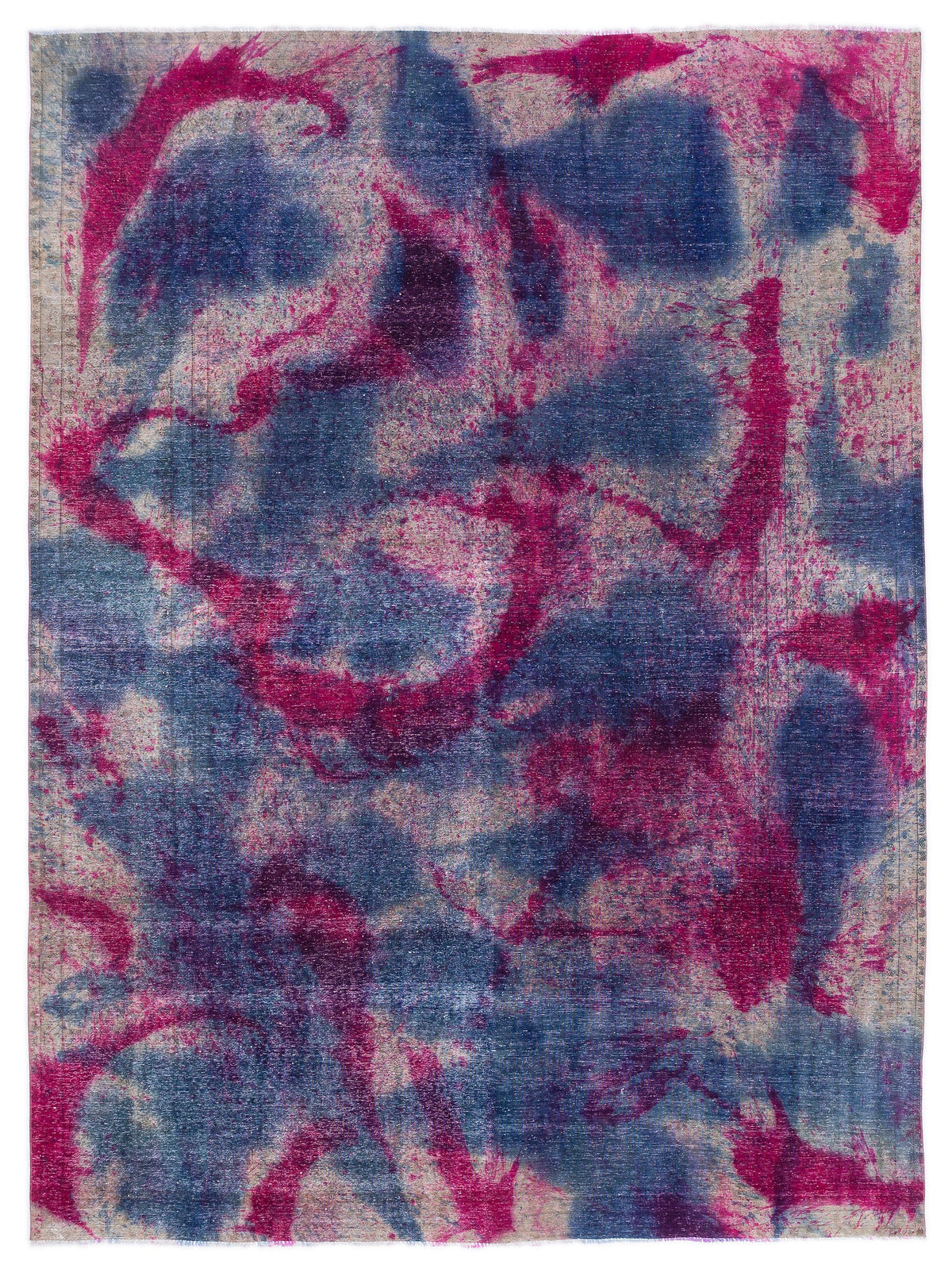 Navy blue and magenta abstract rug with a distressed, watercolor-inspired pattern on a light beige base.