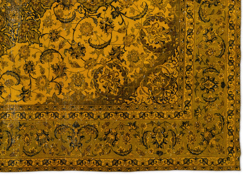 Load image 1 in gallery view. Mustard yellow and dark brown traditional rug with an intricate floral vine pattern and a decorative border.
