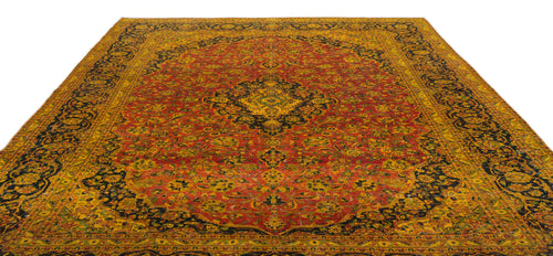 Load image 1 in gallery view. Red, gold, and black traditional Persian-style rug with a central floral medallion and intricate border pattern.