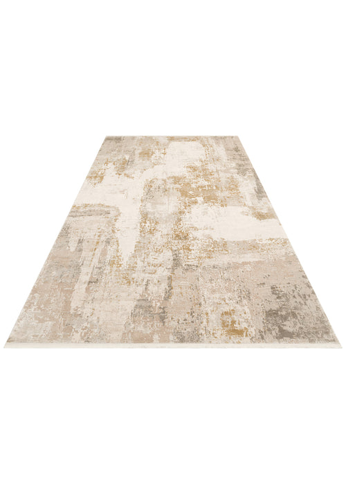 Load image 1 in gallery view. Cream, beige, and gold abstract area rug with a distressed, weathered texture on a white background.