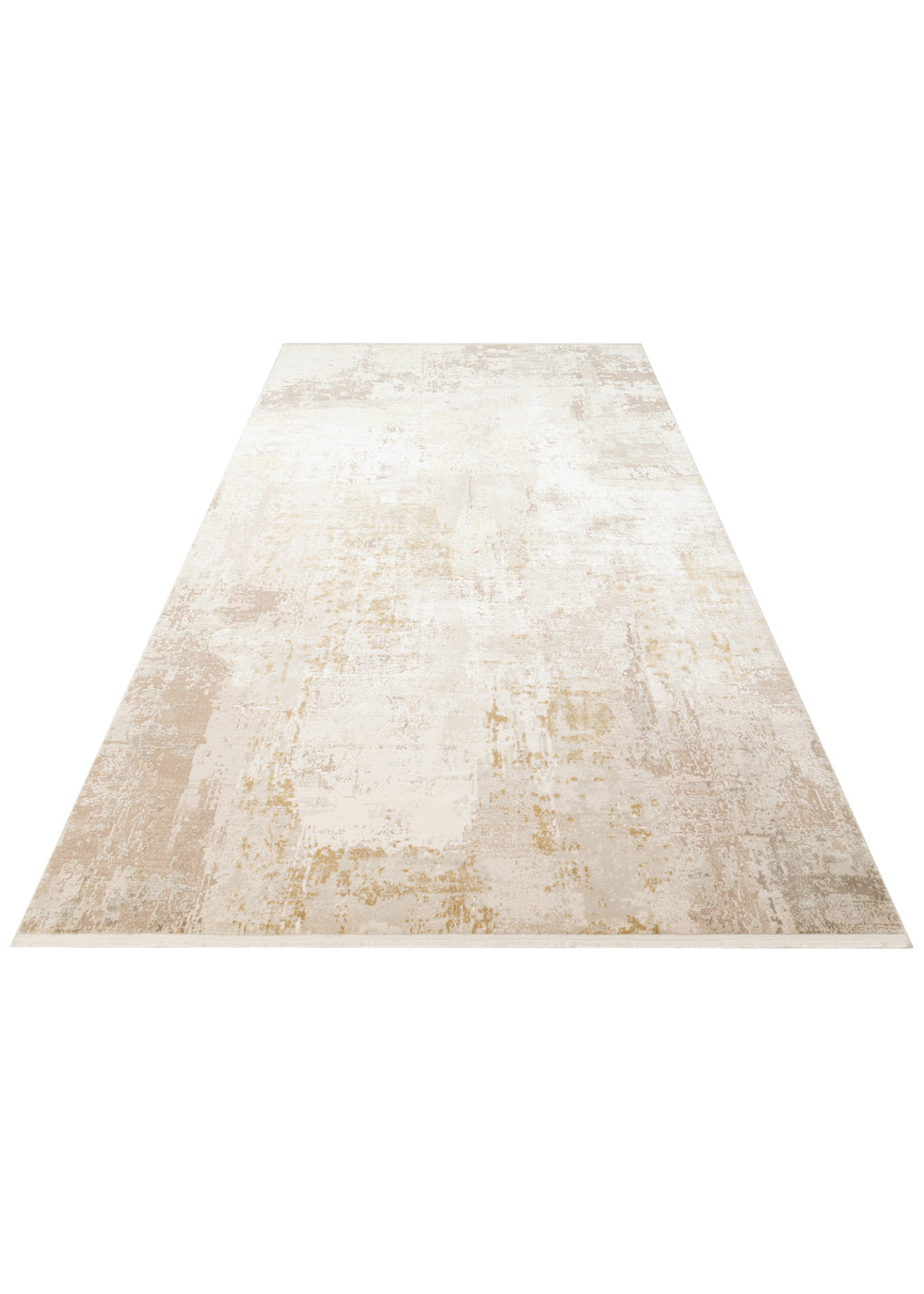 Cream and beige area rug with a distressed, abstract textured pattern on a white background.