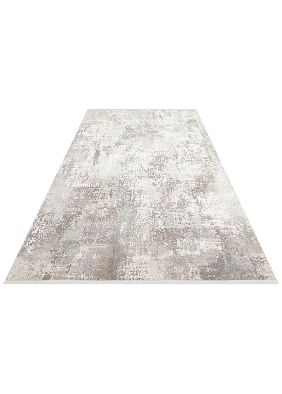 Grey and white abstract distressed area rug with a textured, weathered pattern on a white background.