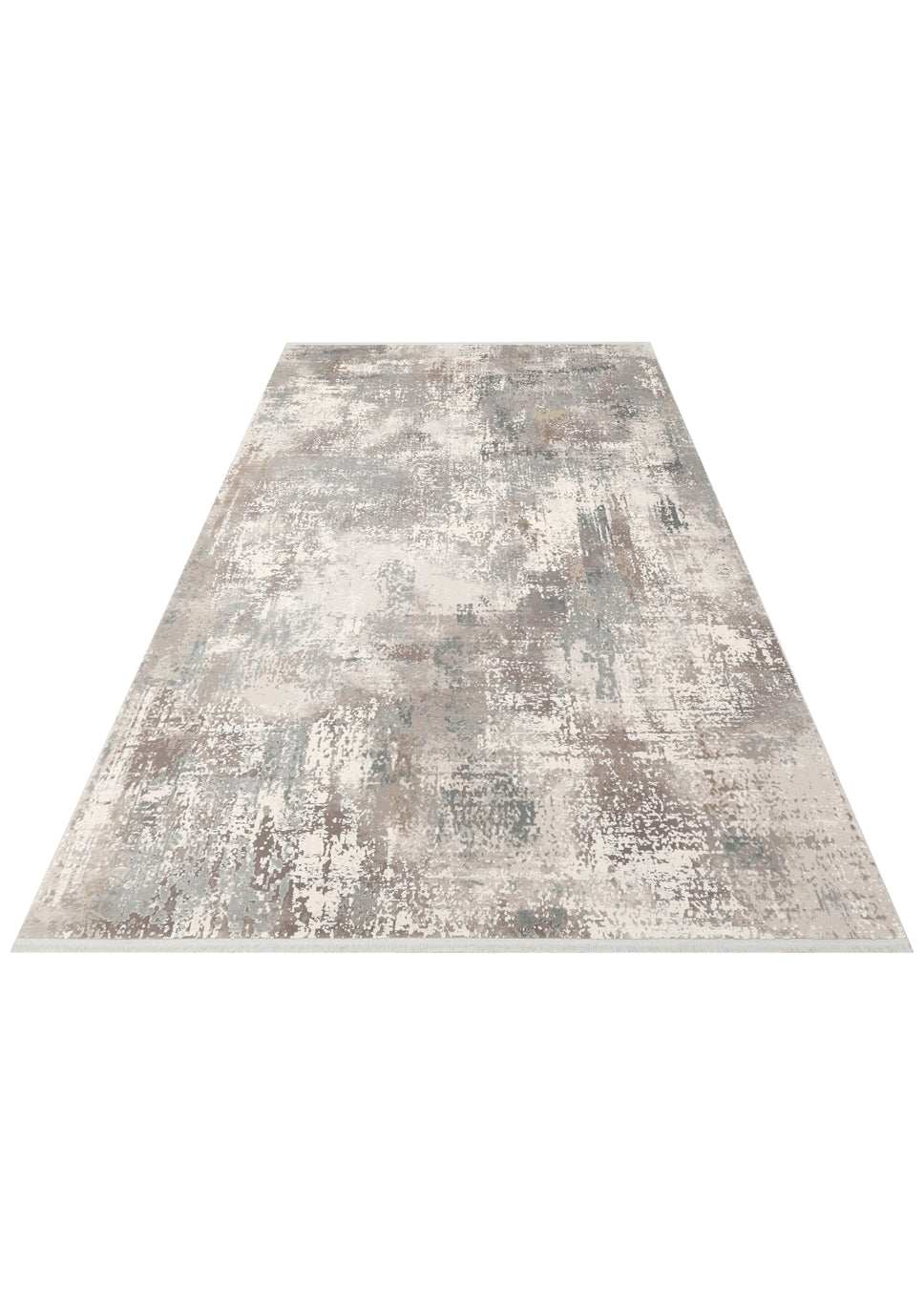 Grey, beige, and white area rug with a distressed, abstract painterly pattern on a white background.