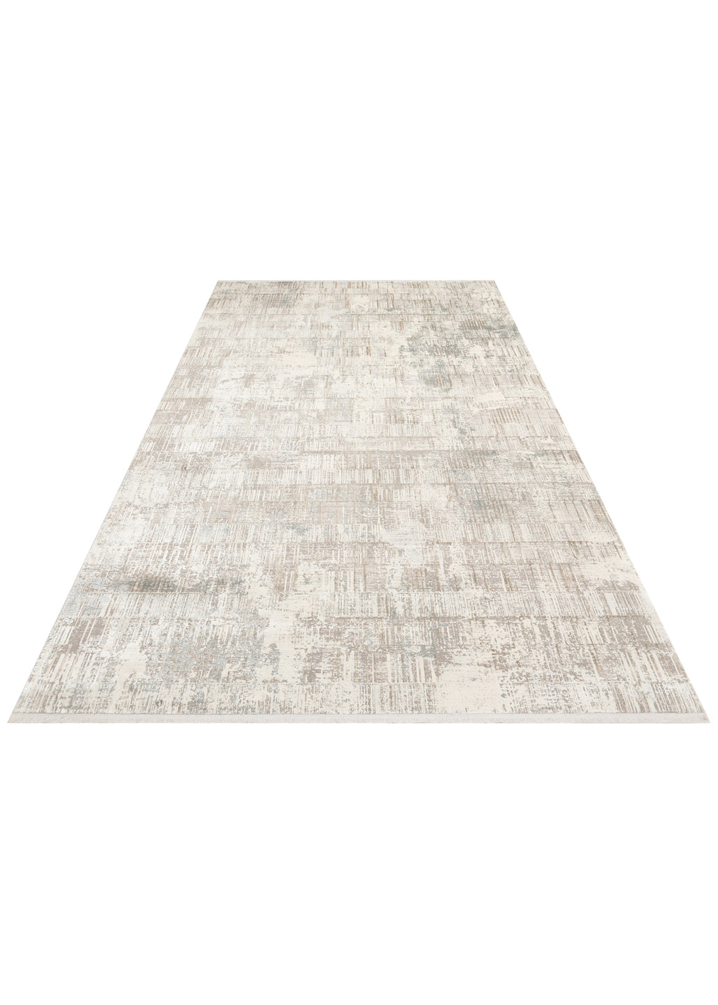 Cream and grey area rug with a distressed, abstract grid pattern on a white background.