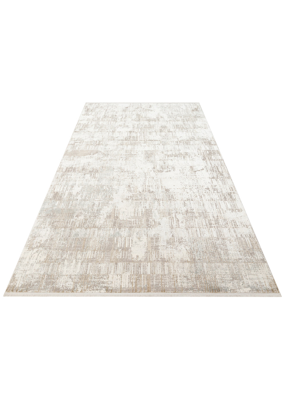 White and beige area rug with a distressed, abstract grid pattern and short fringe on a white background.