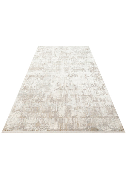 Load image 1 in gallery view. White and beige area rug with a distressed, abstract grid pattern and short fringe on a white background.