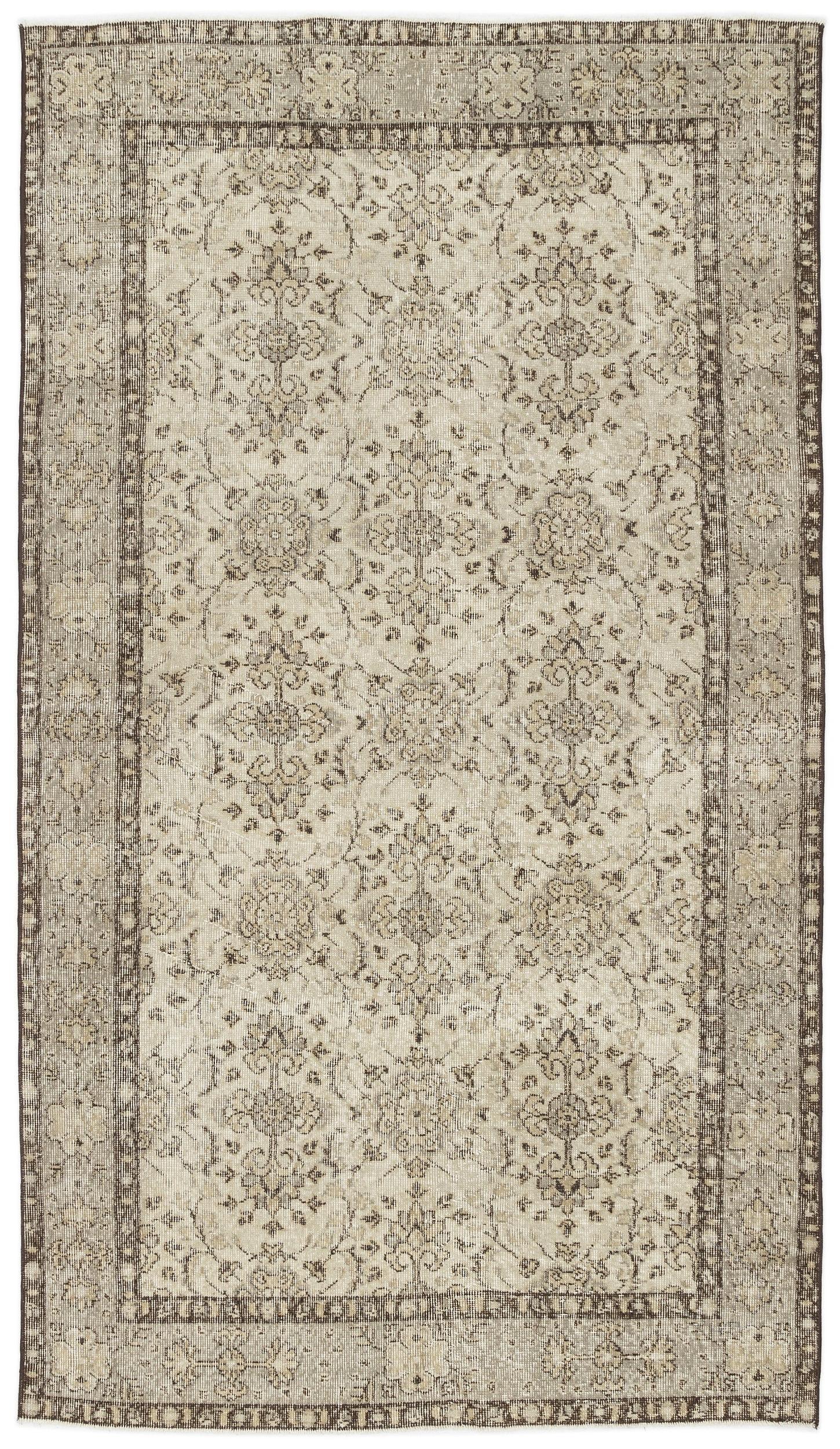 The Kemora Vintage Floral Rug (4'10" x 8'6") features an Anatolian-inspired rectangular design with intricate floral and vine patterns in muted beige and brown, a decorative border, and a subtly distressed, vintage appearance.