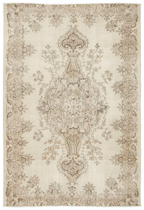 Load image 1 in gallery view. Beige and taupe vintage-style rug with a central floral medallion and ornate border pattern.