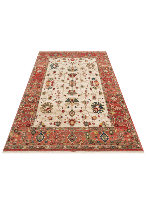 Load image 1 in gallery view. Cream rug with a red border and traditional floral medallion pattern, featuring blue, green, and yellow accents.