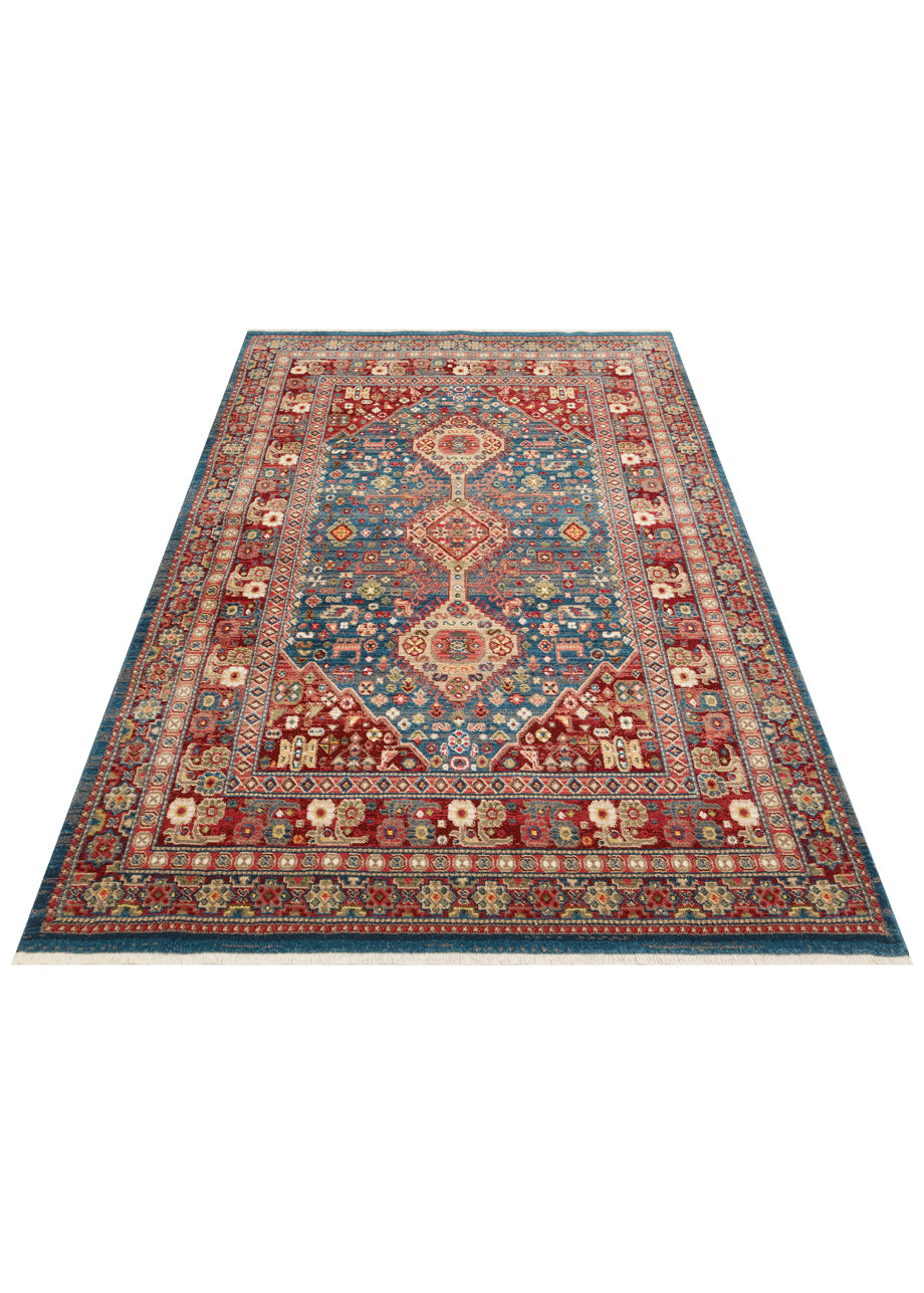 Traditional blue and red Persian-style rug with a central medallion and intricate floral border on a white background.