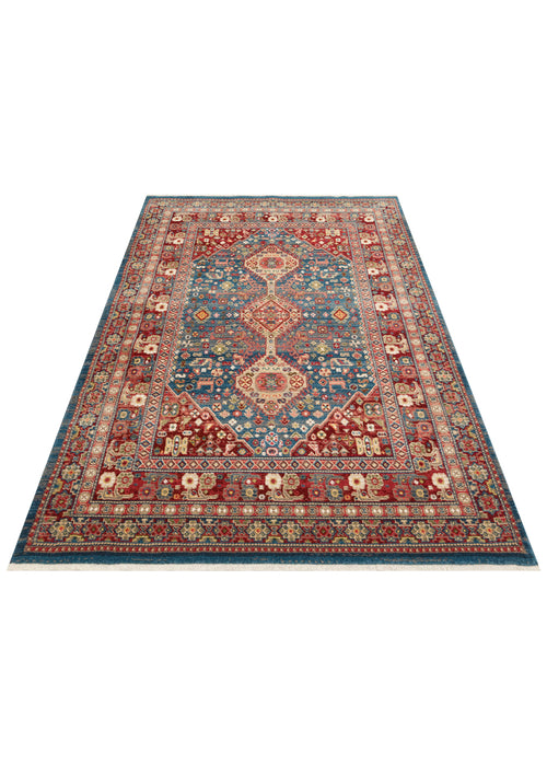 Load image 1 in gallery view. Traditional blue and red Persian-style rug with a central medallion and intricate floral border on a white background.