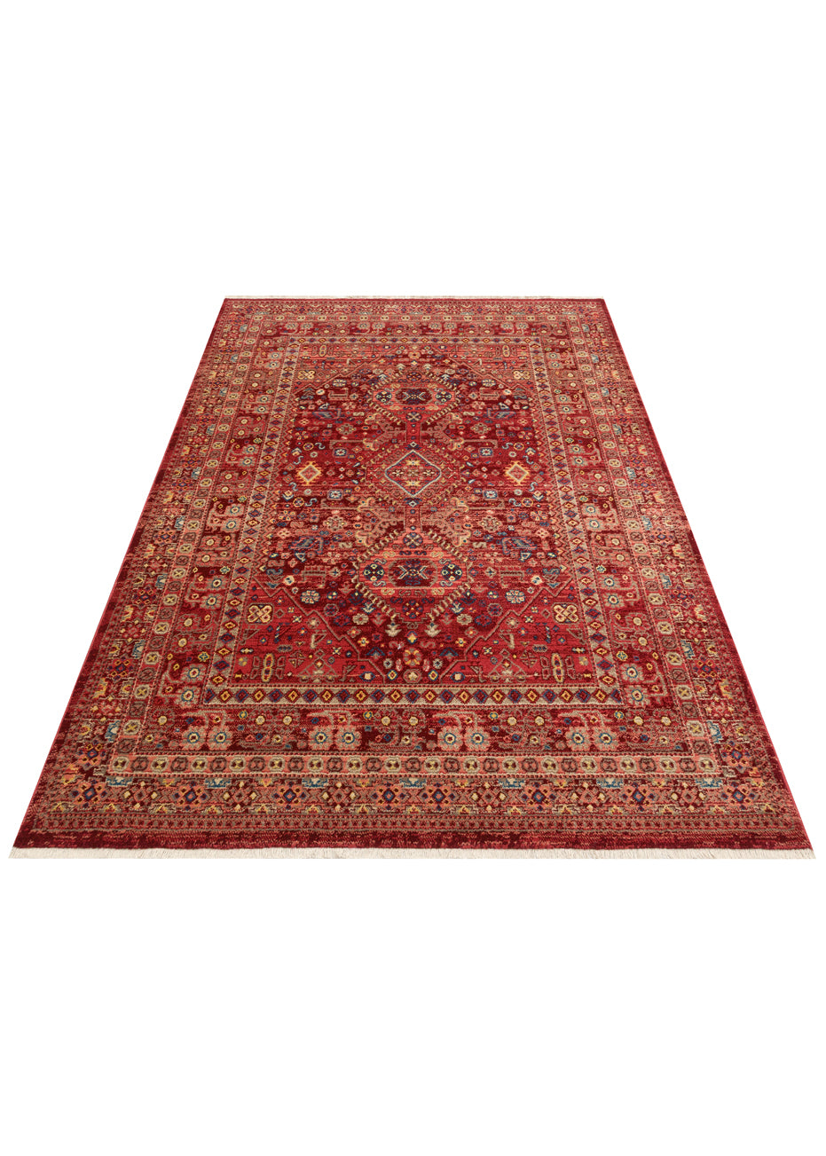 Red traditional rug with a central medallion, intricate floral motifs, and a geometric border on a white background.