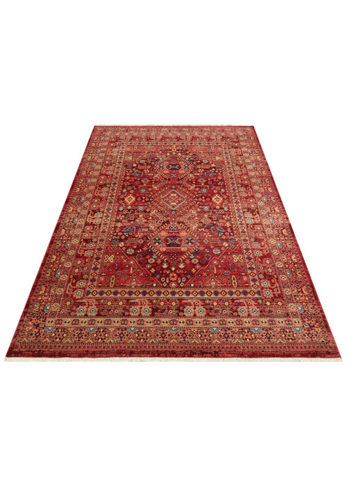 Load image 1 in gallery view. Red traditional rug with a central medallion, intricate floral motifs, and a geometric border on a white background.
