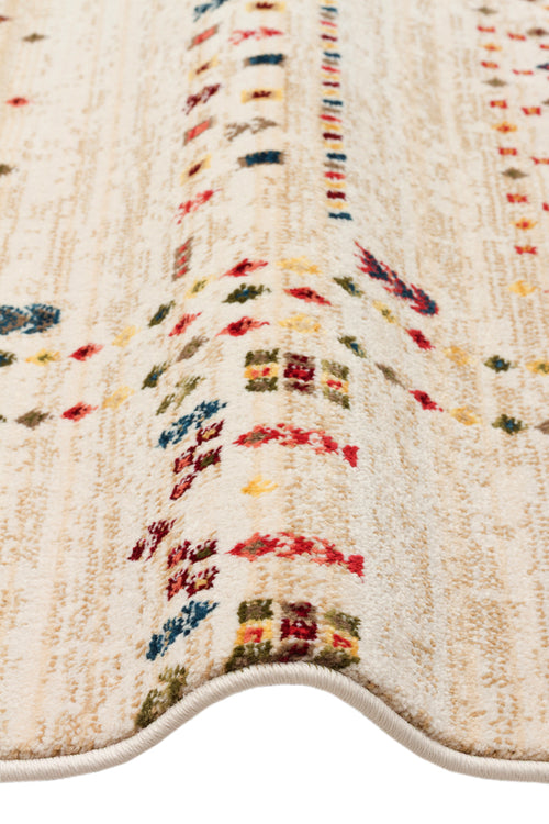 Load image 1 in gallery view. Cream rug with vertical stripes and small, multicolored geometric motifs in red, blue, yellow, and green.