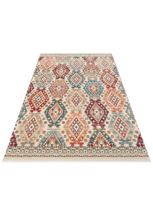 Load image 1 in gallery view. Cream rug with a multi-colored geometric diamond pattern in red, blue, and tan, featuring a fringed border.